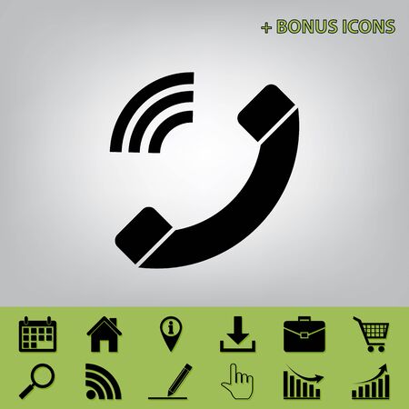 Phone sign illustration. Vector. Black icon at gray background with bonus icons at celery onesのイラスト素材