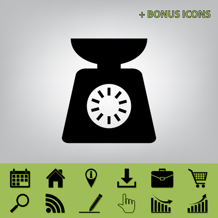 Kitchen scales sign. Vector. Black icon at gray background with bonus icons at celery onesのイラスト素材