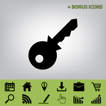 Key sign illustration. Vector. Black icon at gray background with bonus icons at celery onesのイラスト素材