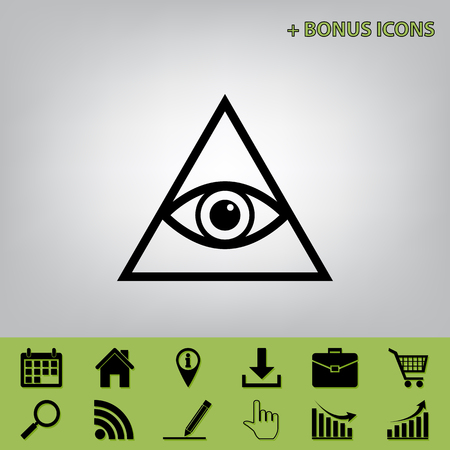 All seeing eye pyramid symbol. Freemason and spiritual. Vector. Black icon at gray background with bonus icons at celery onesのイラスト素材