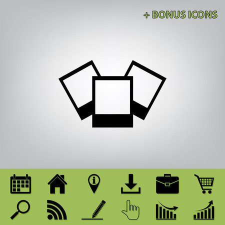 Photo sign illustration. Vector. Black icon at gray background with bonus icons at celery onesのイラスト素材