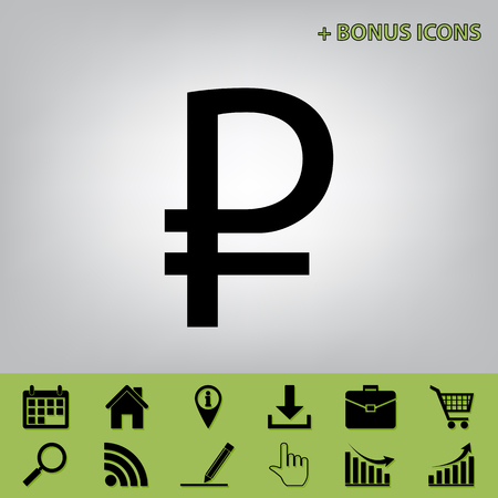 Ruble sign. Vector. Black icon at gray background with bonus icons at celery onesのイラスト素材