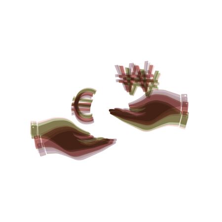 Currency exchange from hand to hand. Euro and Won. Vector. Colorful icon shaked with vertical axis at white background. Isolated.のイラスト素材