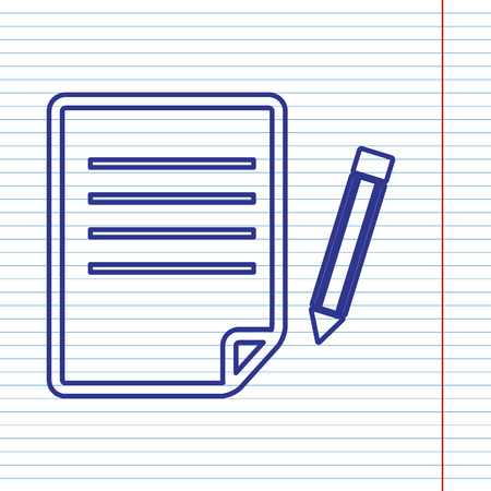 Paper and pencil sign. Vector. Navy line icon on notebook paper as background with red line for field.のイラスト素材