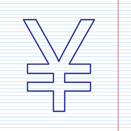 Yen sign. Vector. Navy line icon on notebook paper as background with red line for field.のイラスト素材