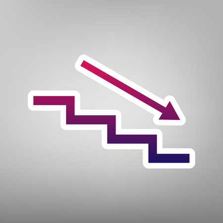 Stair down with arrow. Vector. Purple gradient icon on white paper at gray background.のイラスト素材