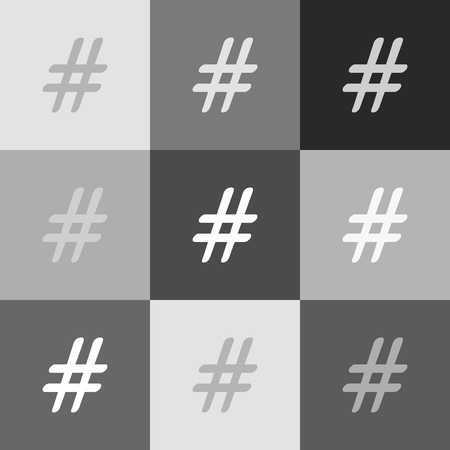 Hashtag sign illustration. Vector. Grayscale version of Popart-style icon.