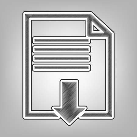 File download sign. Vector. Pencil sketch imitation. Dark gray scribble icon with dark gray outer contour at gray background.のイラスト素材