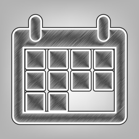Calendar sign illustration. Vector. Pencil sketch imitation. Dark gray scribble icon with dark gray outer contour at gray background.のイラスト素材