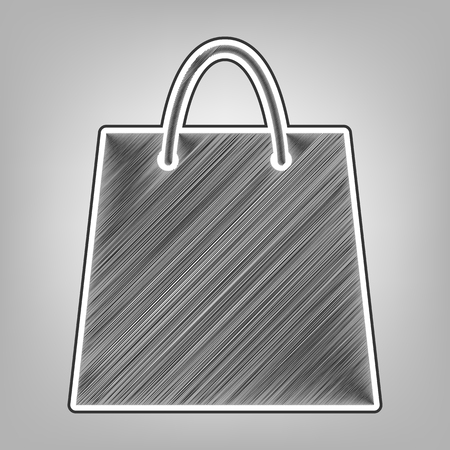 Shopping bag illustration. Vector. Pencil sketch imitation. Dark gray scribble icon with dark gray outer contour at gray background.のイラスト素材