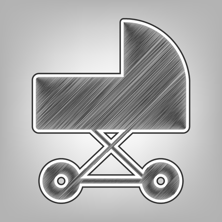 Pram sign illustration. Vector. Pencil sketch imitation. Dark gray scribble icon with dark gray outer contour at gray background.のイラスト素材