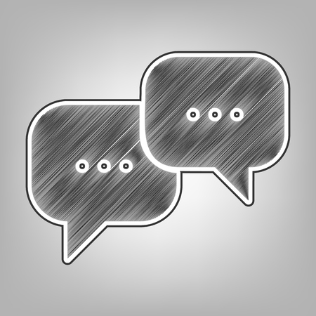 Speech bubbles sign. Vector. Pencil sketch imitation. Dark gray scribble icon with dark gray outer contour at gray background.のイラスト素材