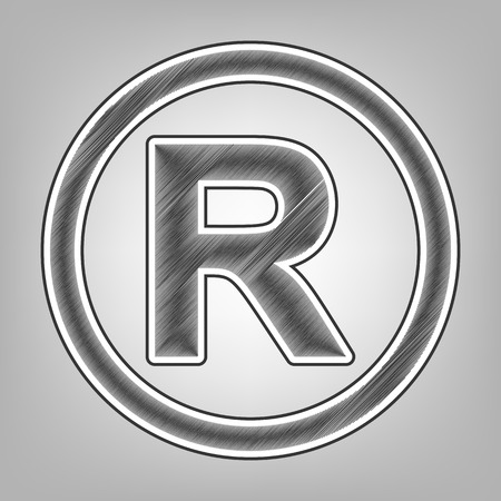 Registered Trademark sign. Vector. Pencil sketch imitation. Dark gray scribble icon with dark gray outer contour at gray background.のイラスト素材