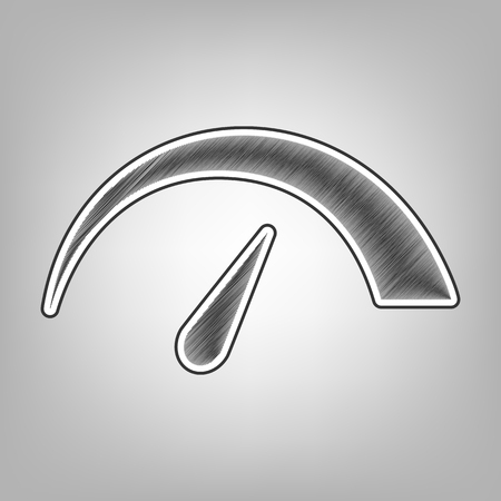 Speedometer sign illustration. Vector. Pencil sketch imitation. Dark gray scribble icon with dark gray outer contour at gray background.のイラスト素材