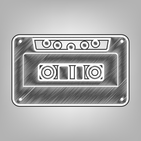 Cassette icon, audio tape sign. Vector. Pencil sketch imitation. Dark gray scribble icon with dark gray outer contour at gray background.のイラスト素材