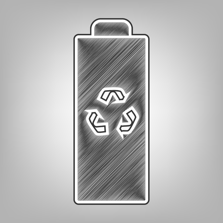 Battery recycle sign illustration. Vector. Pencil sketch imitation. Dark gray scribble icon with dark gray outer contour at gray background.のイラスト素材