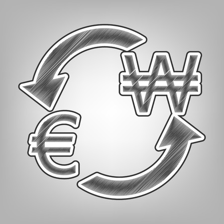 Currency exchange sign. Euro and South Korea Won. Vector. Pencil sketch imitation. Dark gray scribble icon with dark gray outer contour at gray background.のイラスト素材