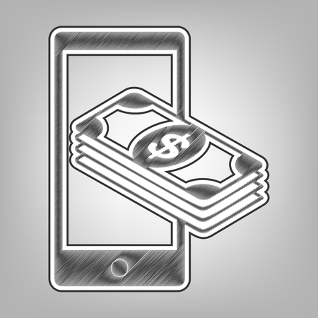 Payment, refill your mobile smart phone,. Vector. Pencil sketch imitation. Dark gray scribble icon with dark gray outer contour at gray background.のイラスト素材
