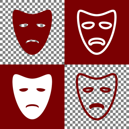 Tragedy theatrical masks. Vector. Bordo and white icons and line icons on chess board with transparent background.のイラスト素材