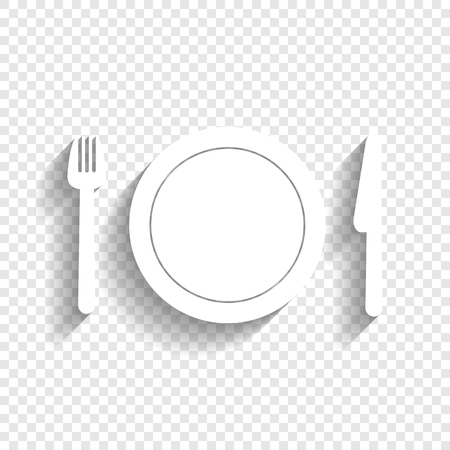 Fork, plate and knife. Vector. White icon with soft shadow on transparent background.のイラスト素材
