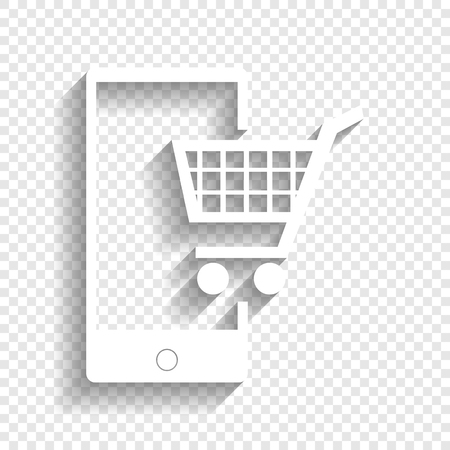 Shopping on smart phone sign. Vector. White icon with soft shadow on transparent background.のイラスト素材