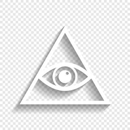 All seeing eye pyramid symbol. Freemason and spiritual. Vector. White icon with soft shadow on transparent background.のイラスト素材