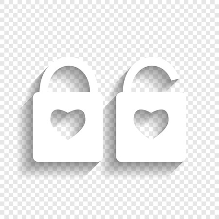 lock sign with heart shape. A simple silhouette of the lock. Shape of a heart. Vector. White icon with soft shadow on transparent background.のイラスト素材