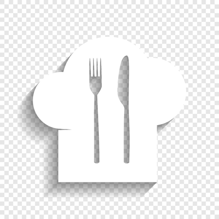 Chef hat and spoon, fork, knife sign. Vector. White icon with soft shadow on transparent background.のイラスト素材