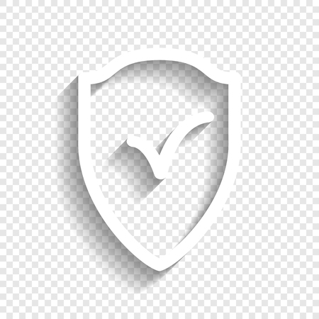 Shield sign as protection and insurance symbol. Vector. White icon with soft shadow on transparent background.のイラスト素材