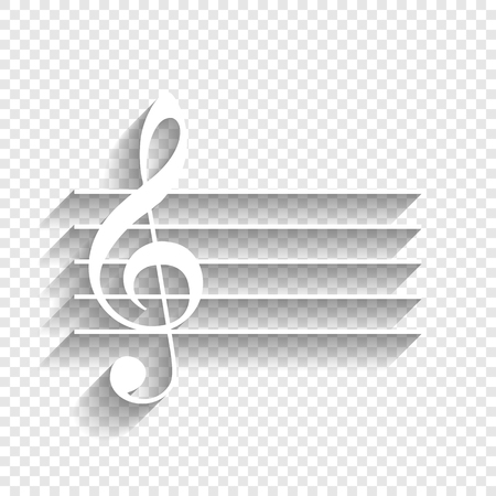 Music violin clef sign. G-clef. Vector. White icon with soft shadow on transparent background.のイラスト素材
