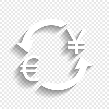 Currency exchange sign. Euro and Japan Yen. Vector. White icon with soft shadow on transparent background.のイラスト素材