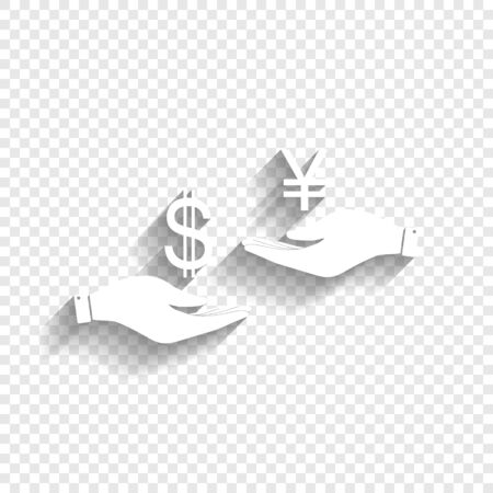 Currency exchange from hand to hand. Dollar and Yen. Vector. White icon with soft shadow on transparent background.のイラスト素材