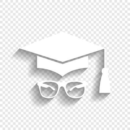 Mortar Board or Graduation Cap with glass. Vector. White icon with soft shadow on transparent background.のイラスト素材