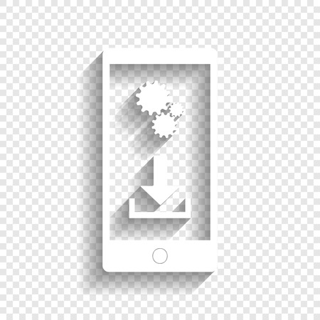 Phone settings. Download and install apps. Vector. White icon with soft shadow on transparent background.のイラスト素材