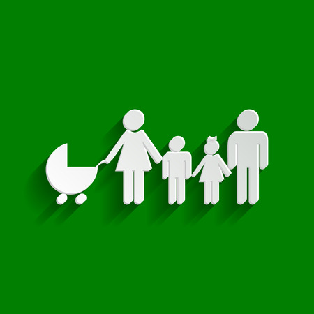 Family sign illustration. Vector. Paper whitish icon with soft shadow on green background.のイラスト素材