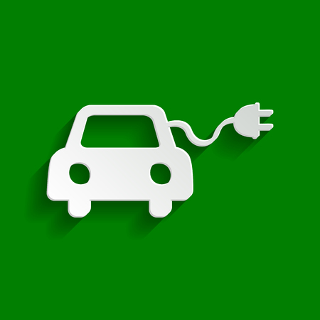 Eco electric car sign. Vector. Paper whitish icon with soft shadow on green background.のイラスト素材