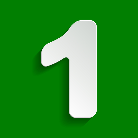 Number 1 sign design template element. Vector. Paper whitish icon with soft shadow on green background.のイラスト素材
