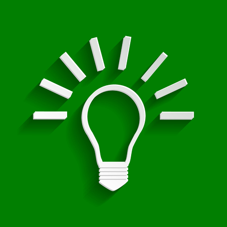 Light lamp sign. Vector. Paper whitish icon with soft shadow on green background.のイラスト素材