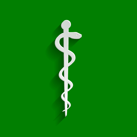 Symbol of the Medicine. Vector. Paper whitish icon with soft shadow on green background.のイラスト素材