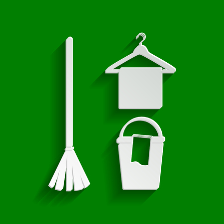 Broom, bucket and hanger sign. Vector. Paper whitish icon with soft shadow on green background.のイラスト素材