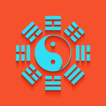 Yin and yang sign with bagua arrangement. Vector. Whitish icon on brick wall as background.のイラスト素材