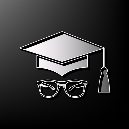 Mortar Board or Graduation Cap with glass. Vector. Gray 3d printed icon on black background.のイラスト素材
