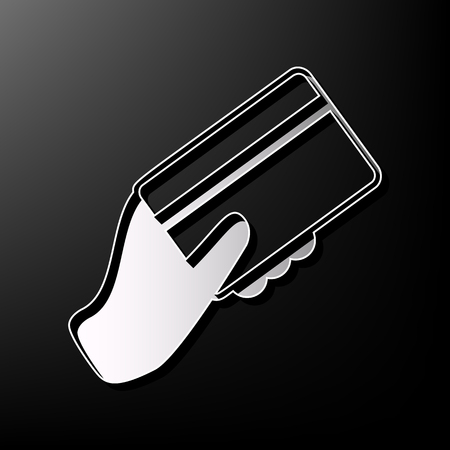 Hand holding a credit card. Vector. Gray 3d printed icon on black background.のイラスト素材