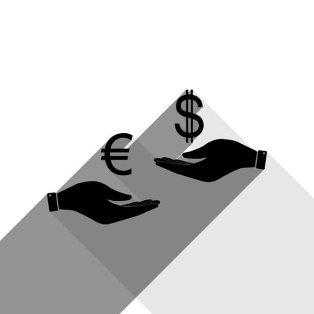 Currency exchange from hand to hand. Euro and Dollar. Vector. Black icon with two flat gray shadows on white background.のイラスト素材