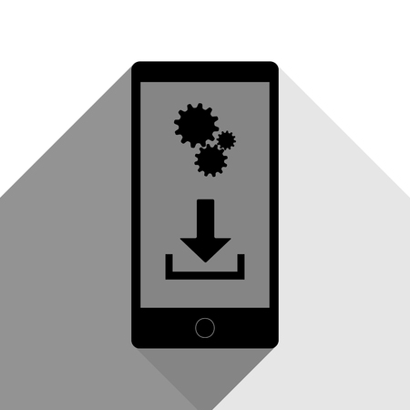 Phone settings. Download and install apps. Vector. Black icon with two flat gray shadows on white background.のイラスト素材