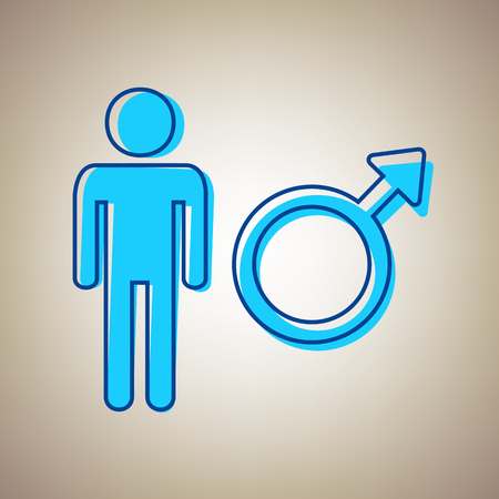 Male sign illustration. Vector. Sky blue icon with defected blue contour on beige background.のイラスト素材