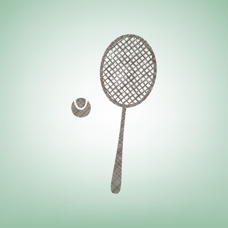 Tennis racquet with ball sign. Vector. Brown flax icon on green background with light spot at the center.のイラスト素材