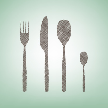 Fork spoon and knife sign. Vector. Brown flax icon on green background with light spot at the center.のイラスト素材