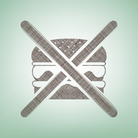 No burger sign. Vector. Brown flax icon on green background with light spot at the center.のイラスト素材