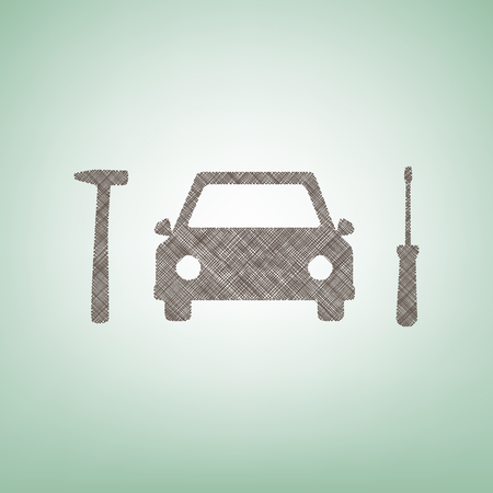 Car tire repair service sign. Vector. Brown flax icon on green background with light spot at the center.のイラスト素材